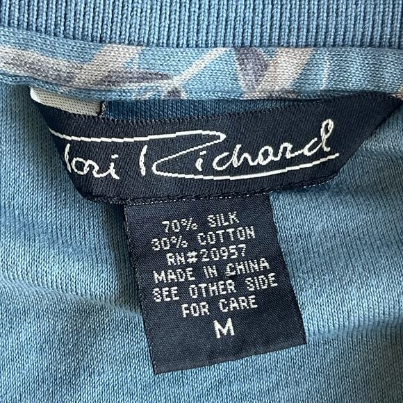 Tori Richards Polo Shirt Mens Silk Medium Blue Palm Hawaiian Floral Tropical - Picture 3 of 8